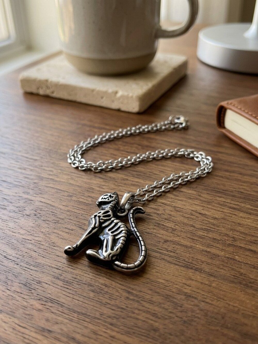 Skeleton Cat Necklace Silver Pendant Gothic Animal Gift